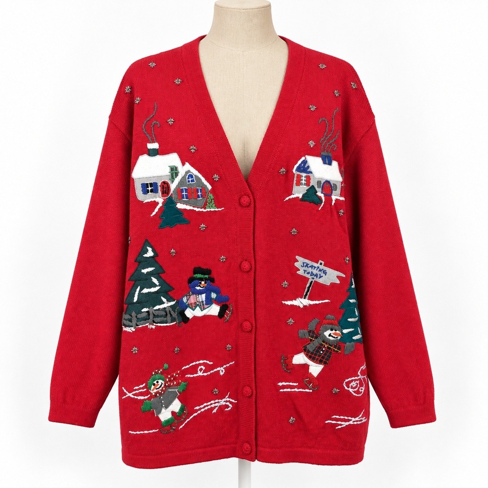 Vintage 90s Embroidered Winter Snowman Cardigan Sz 1X Red Ugly Christmas Novely